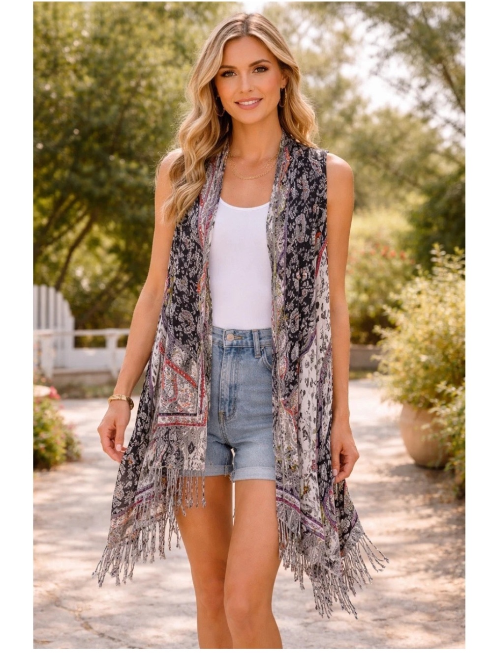 Soft Surroundings Boho Fringe Open Front Cardigan Vest One Size